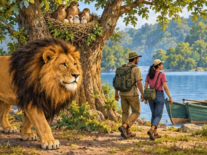 Lion arrives beneath the tree as campers move peacefully toward their boat.