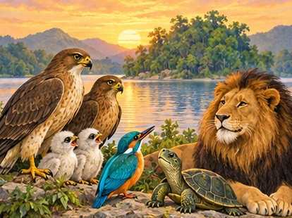 Hawks thank Kingfisher, Turtle, and Lion beneath the safe nest at sunrise.