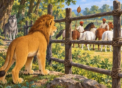 The lion observes guarded fences while the wolf waits far behind.