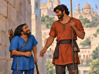 The short archer meets a tall rust-clad worker beside the city wall.