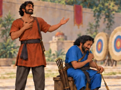 The tall partner boasts while the short archer practices thoughtfully nearby.