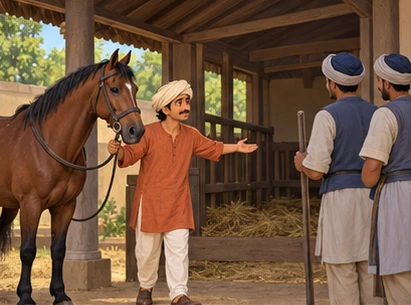 Harisarman secretly leads a brown horse into a nearby stable, then points searchers toward it.