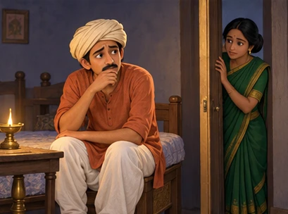 Harisarman worries alone while green-clad Jihva overhears from outside the doorway.