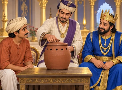 An adviser sets a ventilated covered jar containing a small frog before Harisarman and the king.
