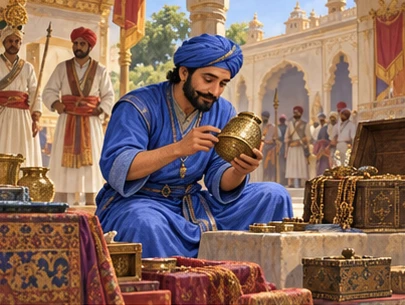 An honest blue-clad valuer examines goods in a palace courtyard.