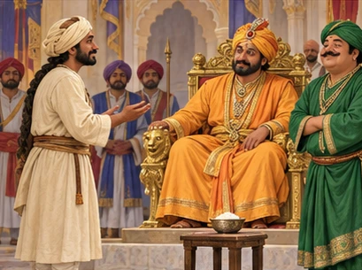 The trader asks his question before the king and assembled ministers.