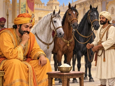 The king studies the horses and rice bowl with a newly thoughtful expression.