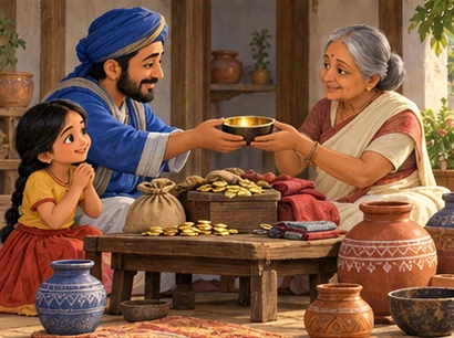 Coins and wares are fairly exchanged for the golden bowl on a low table.