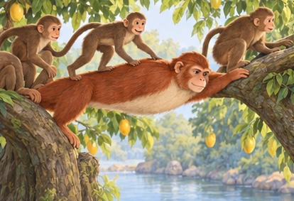 Small monkeys cross the supported chief’s back one at a time.