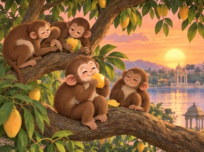 The monkey rests with fruit and companions on sturdy mango branches at sunset.