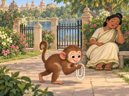The monkey takes the necklace while the caretaker dozes beside the closed garden path.