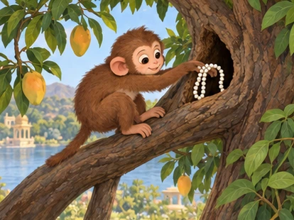 The monkey hides the pearl necklace in a hollow beside a supported branch.