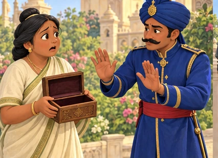 The caretaker shows the empty box as the blue-clad chief guard asks for calm.