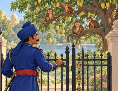 The guard checks the closed gate and observes monkeys in the mango trees.
