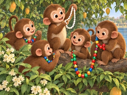 The monkey reveals the pearl necklace while others admire their glass beads.