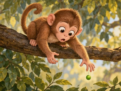 A single pea falls from the monkey’s hand toward leaves below.