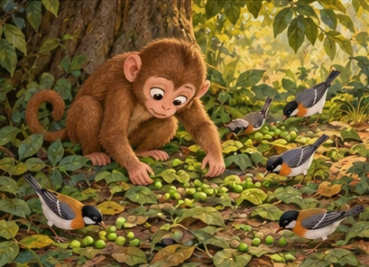 The monkey searches leaves while little birds collect scattered peas nearby.