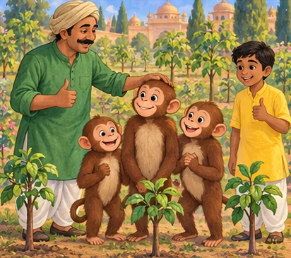 The gardener thanks the confident monkeys beside healthy young trees.