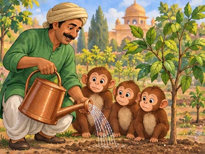 Gardener demonstrates a watering pot beside a young tree.
