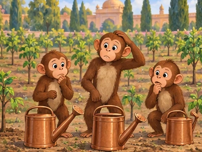 Monkeys pause uncertainly beside watering pots in the sapling rows.