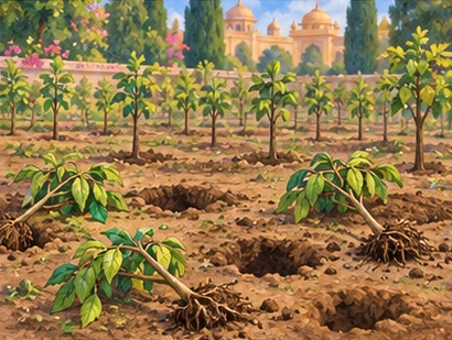 Uprooted saplings rest beside empty planting holes with slightly drooping leaves.