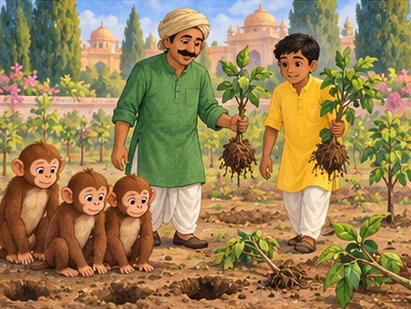 A yellow-clad helper returns with the gardener to the disturbed sapling beds.