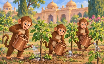 Monkeys tend healthy recovering saplings with fresh new leaves.