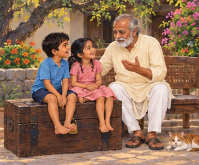 Grandchildren sit on the closed wooden chest while the father tells stories beside a stone-edged garden.