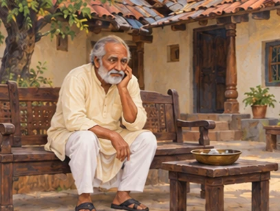 The older father waits alone on a courtyard bench beside a worn roof and empty meal bowl.