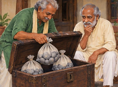 The friend places cloth bags of smooth stones into the wooden chest while the father watches uncertainly.