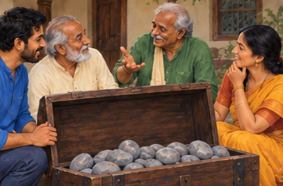 The open chest reveals smooth stones; the friend admits his plan as the family listens.