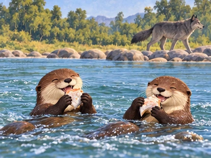 The reconciled otters share equally as the wolf passes at a distance.