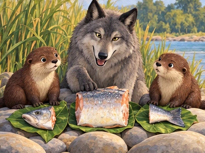 Three clean non-graphic food portions lie on leaves, with the largest before the wolf.