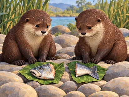 The otters sit silently beside two small portions on river stones.