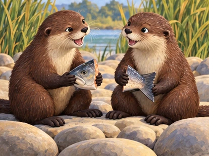 The otters calmly share their remaining food and talk together.