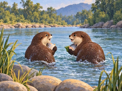 The otters agree on equal shares before entering the river together.