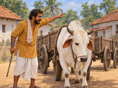The farmer shouts while Nanda stands hurt and still beside the carts.