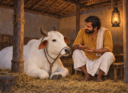 Nanda and the farmer talk quietly in the evening cowshed.