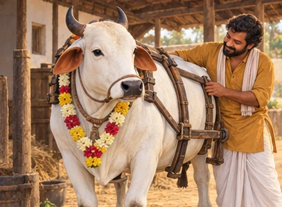 Nanda wears a light flower garland and a carefully fitted harness.