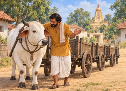 The farmer encourages Nanda gently beside the same train of empty carts.