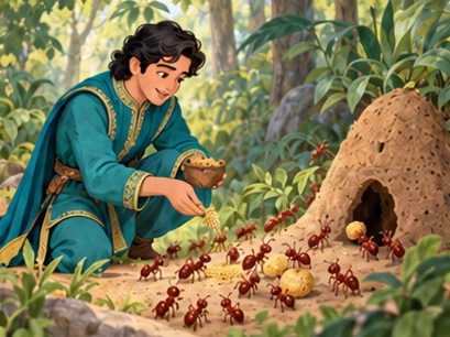 The prince shares sweets gently with ants beside a woodland nest.