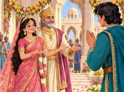 Princess Labam and her father welcome the prince in a glowing palace courtyard.