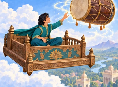The prince sits securely on a magical flying bed and reaches a floating sky drum.