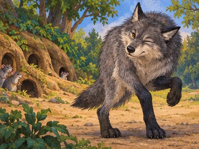 A gray wolf pretends to balance painfully near the rat settlement.