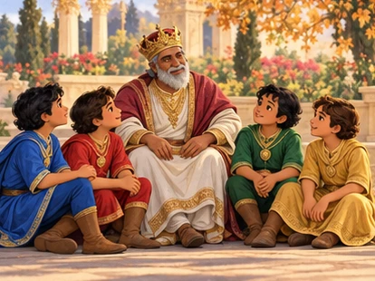 Four brothers peacefully discuss the tree’s seasonal changes beside the king.