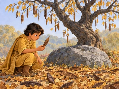 The gold-clad prince examines a fallen pod beneath the same tree.