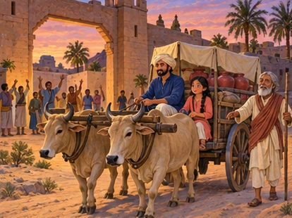 Caravan with secured water jars leaves a village gate at dusk.