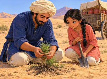 Arun kneels beside green grass while Tara brings a shovel.