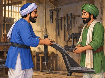 A blue-clad village trader leaves an iron plow with his green-clad friend.