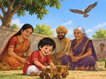 A child plays safely with relatives while a large bird circles high above.